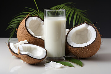 Fresh coconut milk with coconut .Health food, diet concept.Created with Generative AI technology.
