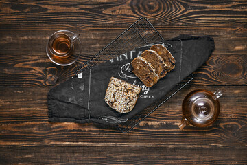 Overhead view of artisan rye bread with dried apricots, prunes and seeds