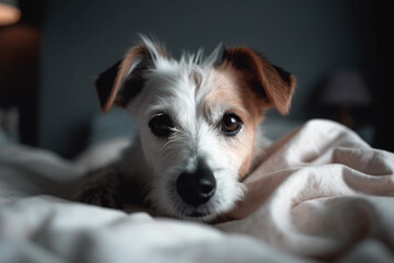 Terrier dog between white bed sheets. 