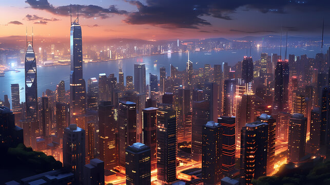 Dazzling Cityscape with Modern Skyscrapers at Sunset	