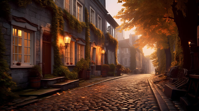 Charming Cobblestone Street Lined with Quaint# Continue the assistant's task	