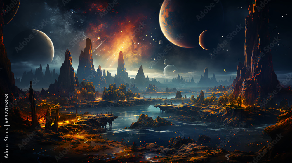 Poster space scene with futuristic planet surface and stars in open space with planets and galaxies. ai gen