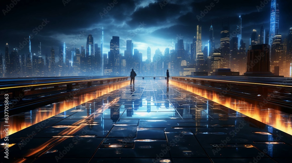 Poster the concept of a futuristic high-tech big smart city with computer technology microchips and microch