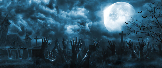 Hands zombie Rising Out Of A Graveyard cemetery and church In Spooky scary dark Night full moon bats on tree. Holiday event halloween banner background concept.