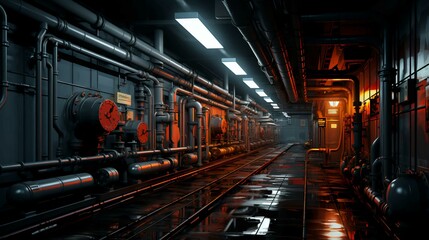 Obraz premium Modern chemical industrial equipment, pipelines with valves for pumping liquids of oil, gasoline and diesel at an oil refinery petrochemical plant. AI generated