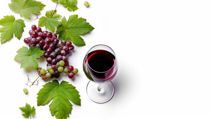 Wine banner with glass of red wine and red vine on white background