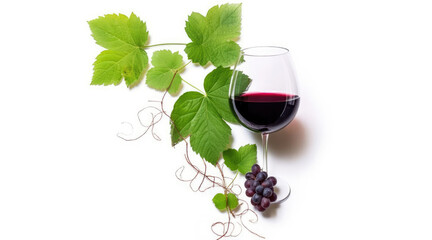 Wine banner with glass of red wine and red vine on white background