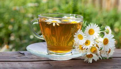 Close-up transparent cup of chamomile tea on the wooden table outdoors. A bouquet of daisies on the table. Herbal medicine concept.