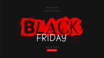 Obraz premium Black Friday Sale banner template. Trendy vector illustration in collage style with doodles for Black Friday Sale decoration. Torn red paper and black letters with grunge effect. Discount offer.