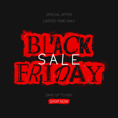 Black Friday Sale background template. Trendy vector illustration in collage style with doodles for Black Friday Sale decoration. Torn red paper and black letters with grunge effect. Discount offer.