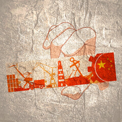 Hand holding banner with flag of China and cargo port relative icons