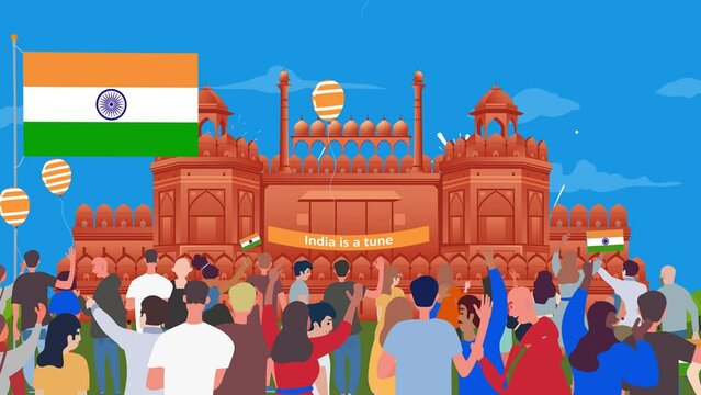 Creative vector illustration for 15 August  Happy Independence Day India greeting animation  Tricolor flag. Motion graphic of Independence Day in India - 15th August  Tricolor flag  Red Fort backgr...