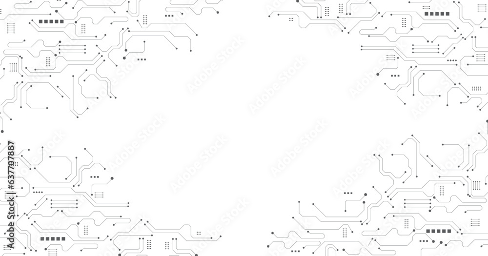 Poster Black circuit diagram on white background. High-tech circuit board connection system.Vector abstract technology on white background.