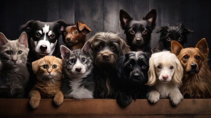 Mix breed of dogs and cats line up upon the wall background. Generative AI