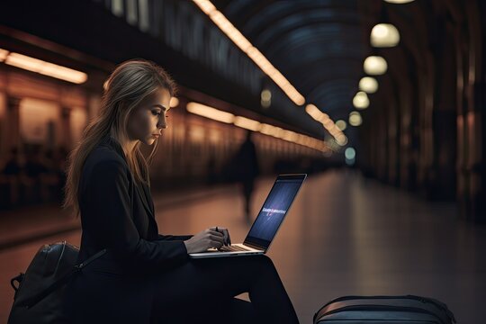 Woman working with laptop sitting on a rail station. AI generative