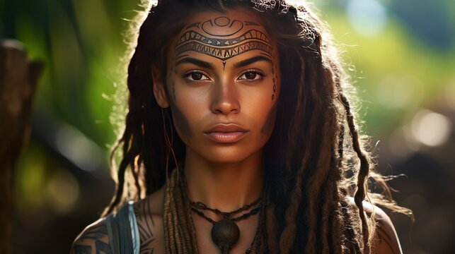 Portrait of an authentic Polynesian young woman with tribe tattoo on face