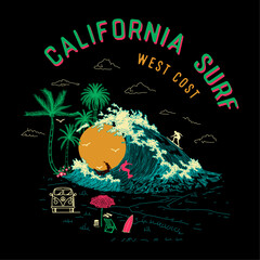 T-shirt artwork. Palm tree, Vector graphic print design. Hand sketch beach vector design. Beach wave. 