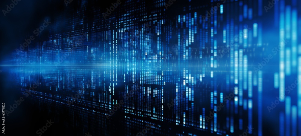 Poster Blue digital binary data on computer screen background. Banner.