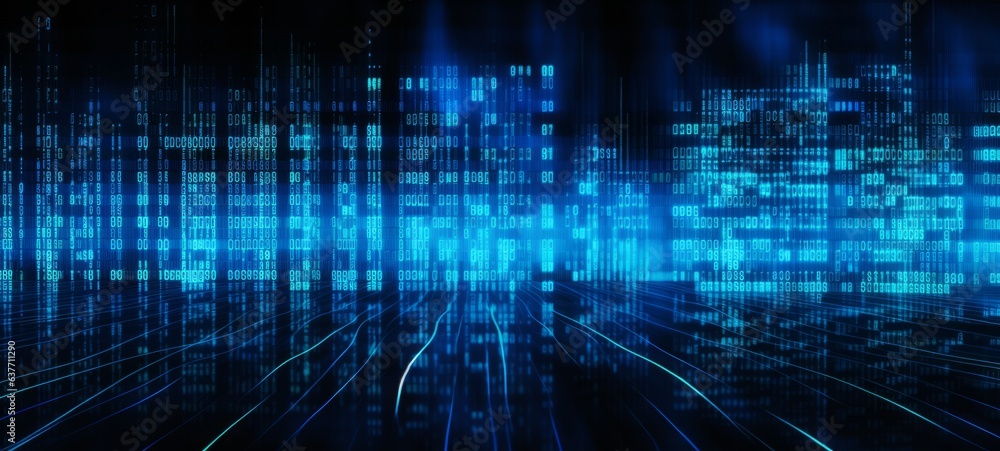 Poster Blue digital binary data on computer screen background. Banner.