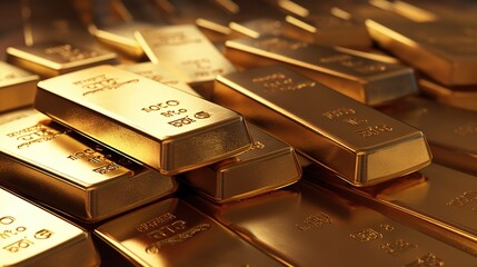 Stacks of pure gold bar on dark background. Represent business and finance concept idea. Generative AI