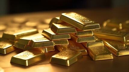 Stacks of pure gold bar on dark background. Represent business and finance concept idea. Generative AI