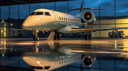 An airplane or private jet in sunset. Luxurious private jet, parked on the tarmac.