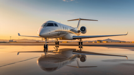 Fototapeta na wymiar An airplane or private jet in sunset. Luxurious private jet, parked on the tarmac.