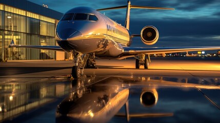 An airplane or private jet in sunset. Luxurious private jet, parked on the tarmac.