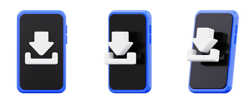 Download icon on blue mobile phone collection 3d illustration on transparent background
