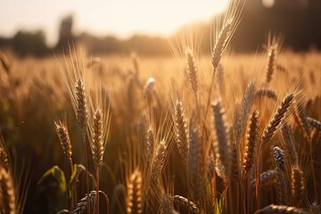 Naklejka premium Bounty in wheat fields. Field of gold. Embracing beauty of farming. Nature cycle of growth