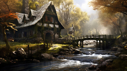 Obraz premium House by the River in the Highlands.Generative Ai