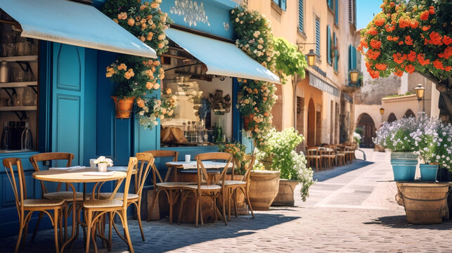  Provencal cafe on a cobbled street. Wooden tables with blue tablecloths, fresh flowers in clay pots. Provencal romance. Banner. Generative Ai