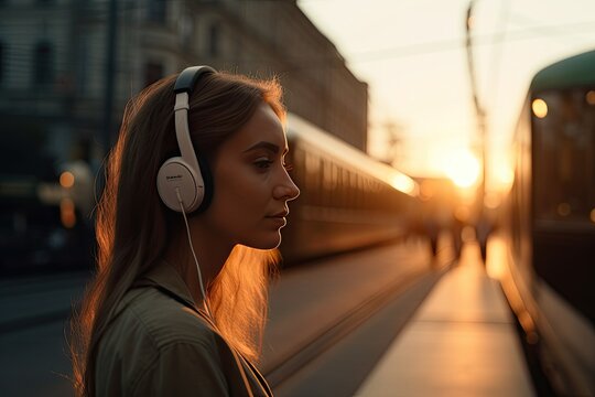 Woman listening to music with headphones commuting during sunrise. AI generative