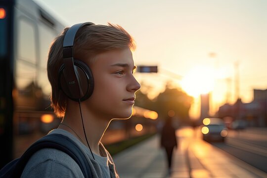 Man listening to music with headphones commuting during sunrise. AI generative