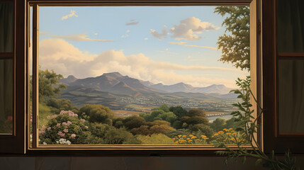 Window View of a Forest on a Sunny Autumn Day. Generative Ai