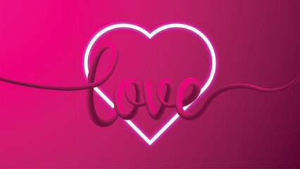 Pink love background with neon glowing heart shape illustration.