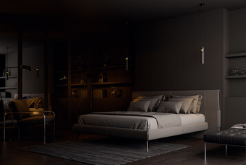 Modern style mysterious and charming black bedroom interior 3d render