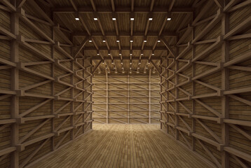 Modern contemporary empty room in a wooden building showing a trussed structure on the wall 3d render. At the end of the room is a corridor lit by natural light. There is a blank wall for content.