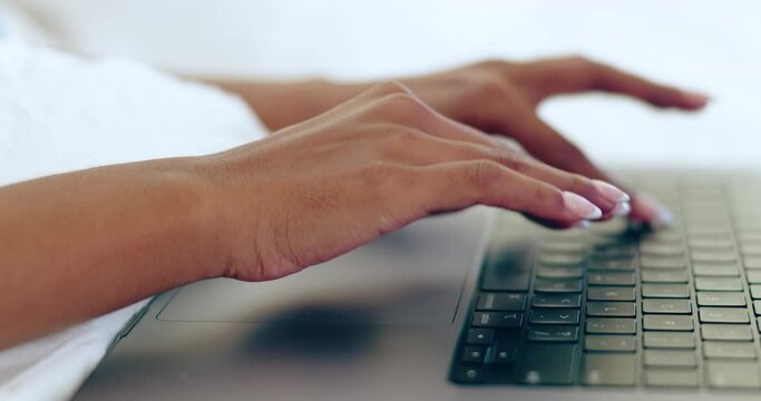 Home, woman and hands with a laptop, typing and connection with freelancer, network and copywriting. Person, writer and worker with a pc, keyboard and journalist with research or email notification