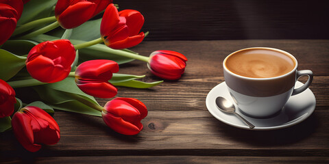Fototapeta na wymiar A cup of tea red tulips pattern on wooden background . Valentines Day and Mother's Day background . Heartwarming Tulips and Tea on Wooden Backdrop