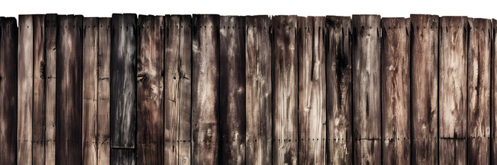 Wooden dark brown rustic board wood grunge old fence gate on transparent background cutout, PNG file. Mockup template for artwork design

