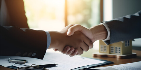 eal estate broker agent Shake hands after customer signing contract document for ownership realty purchase in the office, Business concept and signing contract - obrazy, fototapety, plakaty
