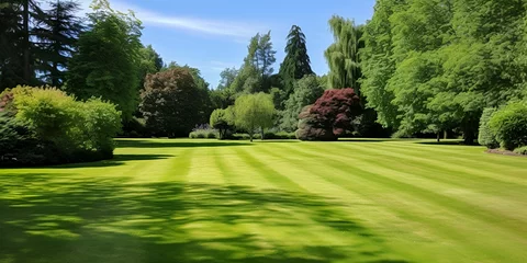 Fotobehang Beautiful and large manicured lawn surrounded by trees and bushes on a bright summer day  . Tranquil Summer Scene Vast Manicured Lawn and Leafy Trees © Maria