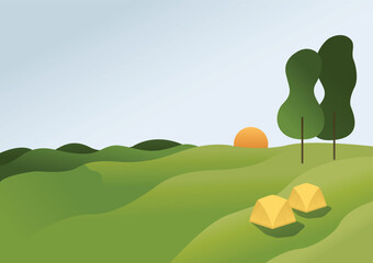 Fototapeta premium Nature landscape of fields, mountains, tree, sun and tent for background, Vector Illustration