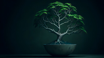 Spiritual Art Bonsai Serene Japanese Bonsai Tree - Vector Illustration of an Indoor Bonsai in a White Pot