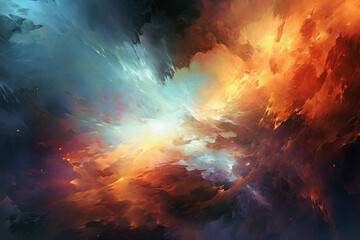Abstract dramatic watercolor cloudscape background with orange and cyan clouds. Generative AI  