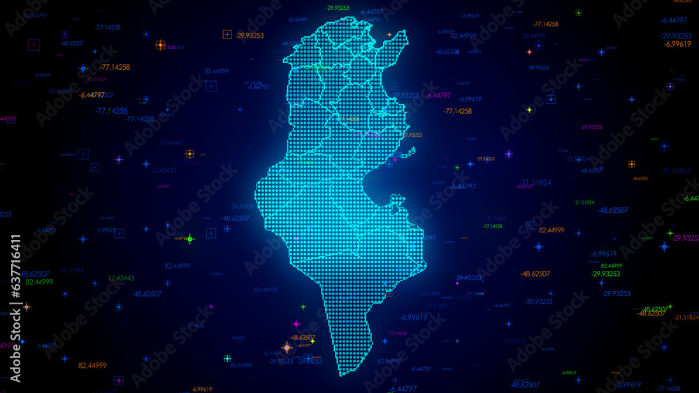 Poster futuristic blue colorful shiny digital technology hud dots mosaic grid tunisia map separate regions 