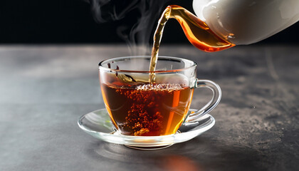 Pouring hot tea into glass cup on dark table