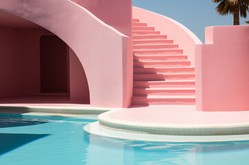Pink pool. Barbiecore interior. Dream House. House with pool