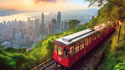 Naklejka premium a red train is running in hill railway leaving city behind.Generative Ai
